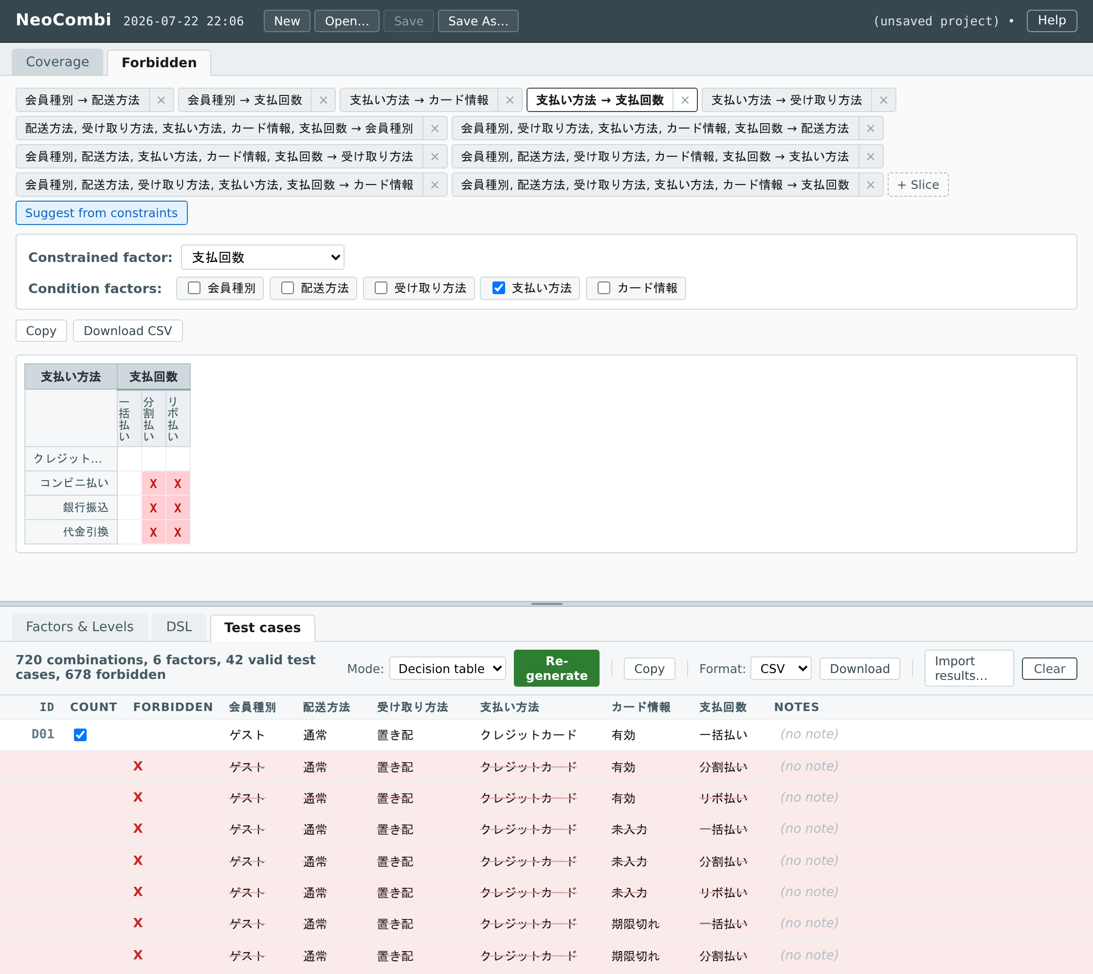 The Forbidden view (shopping-site sample) sliced as 支払い方法 × 支払回数: red X cells mark impossible pairs, and the decision table below keeps those rows and flags them in a FORBIDDEN column. / 禁則ビュー(ショッピングサイト例、支払い方法 × 支払回数 のスライス)。赤い X が不可能なペア。下段のデシジョンテーブルは禁止行を残し FORBIDDEN 列で明示。